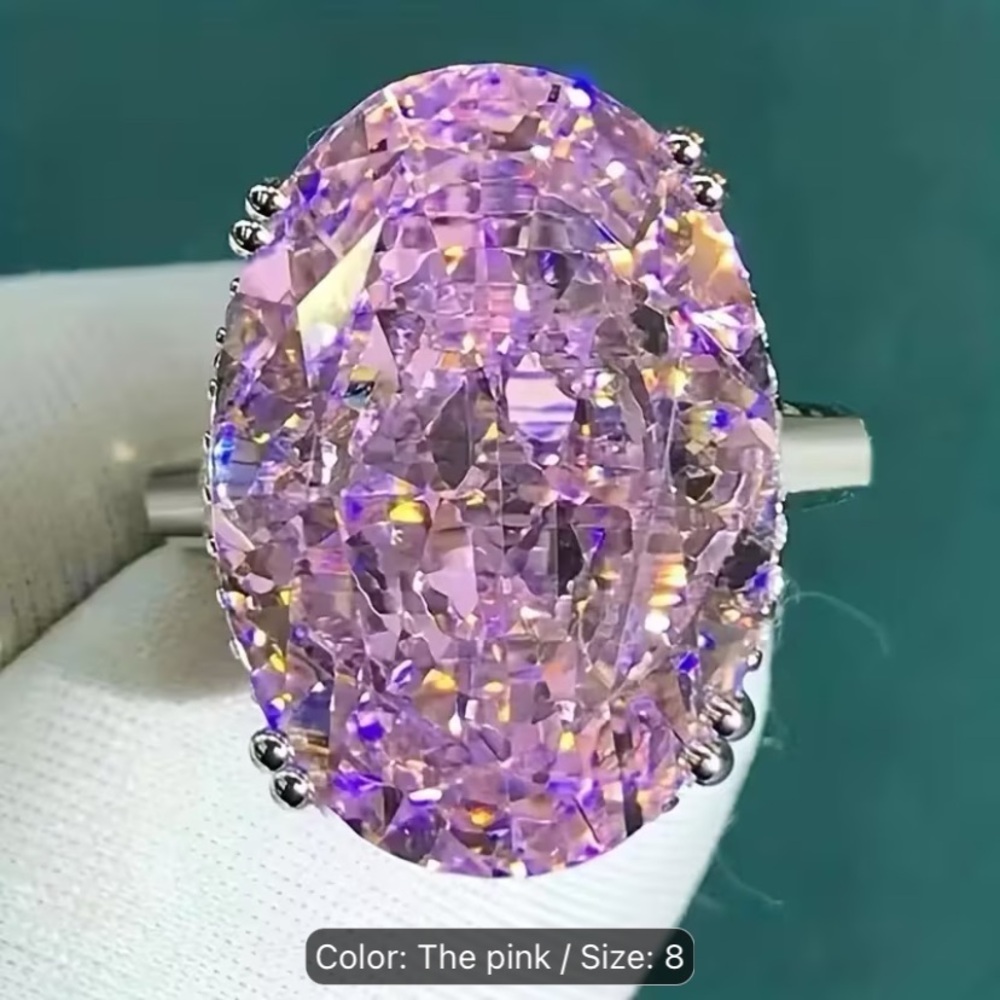 Pink Oval Synthetic Cubic Zirconia Statement Ring - Size 8
